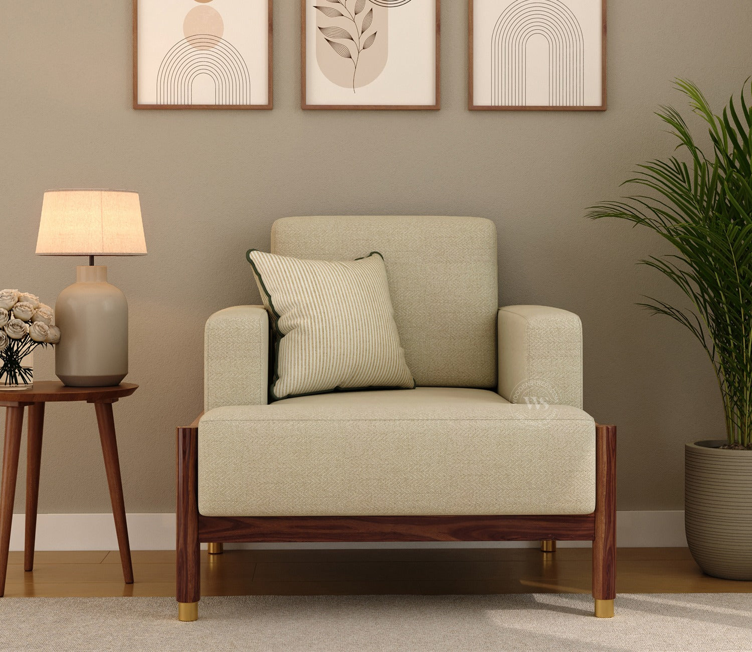 Kairav Modern 1 Seater Wooden Sofa with Premium Upholstery (Cottage Ivory)