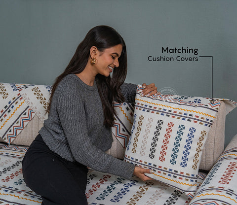 Blooming Beauty Abstract Printed Multi Color 3 Seater Sofa Cover - Set of 8