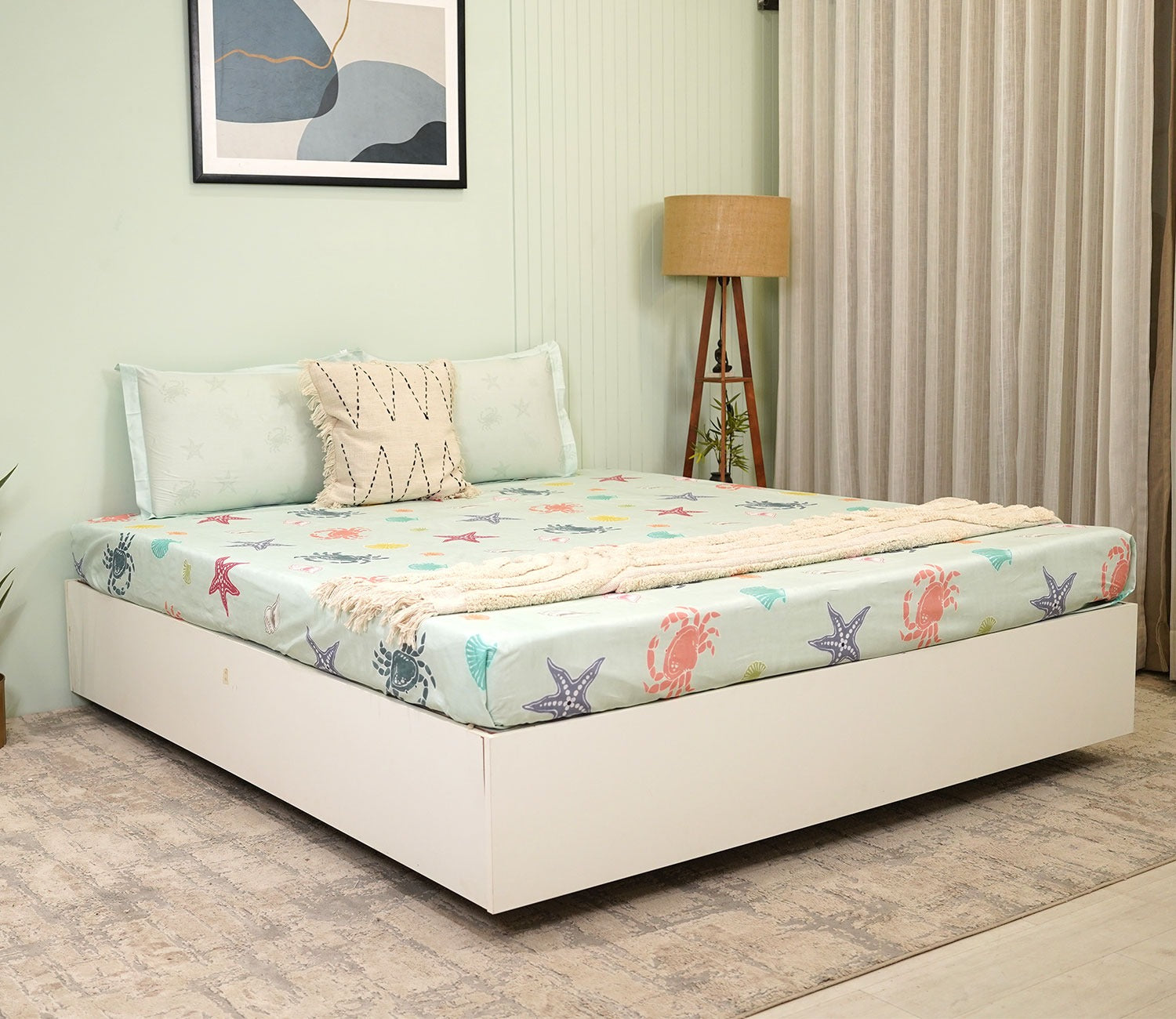 Star And Octopus Flat Cotton Kids Bed Sheet King Size with 2 Pillow Covers