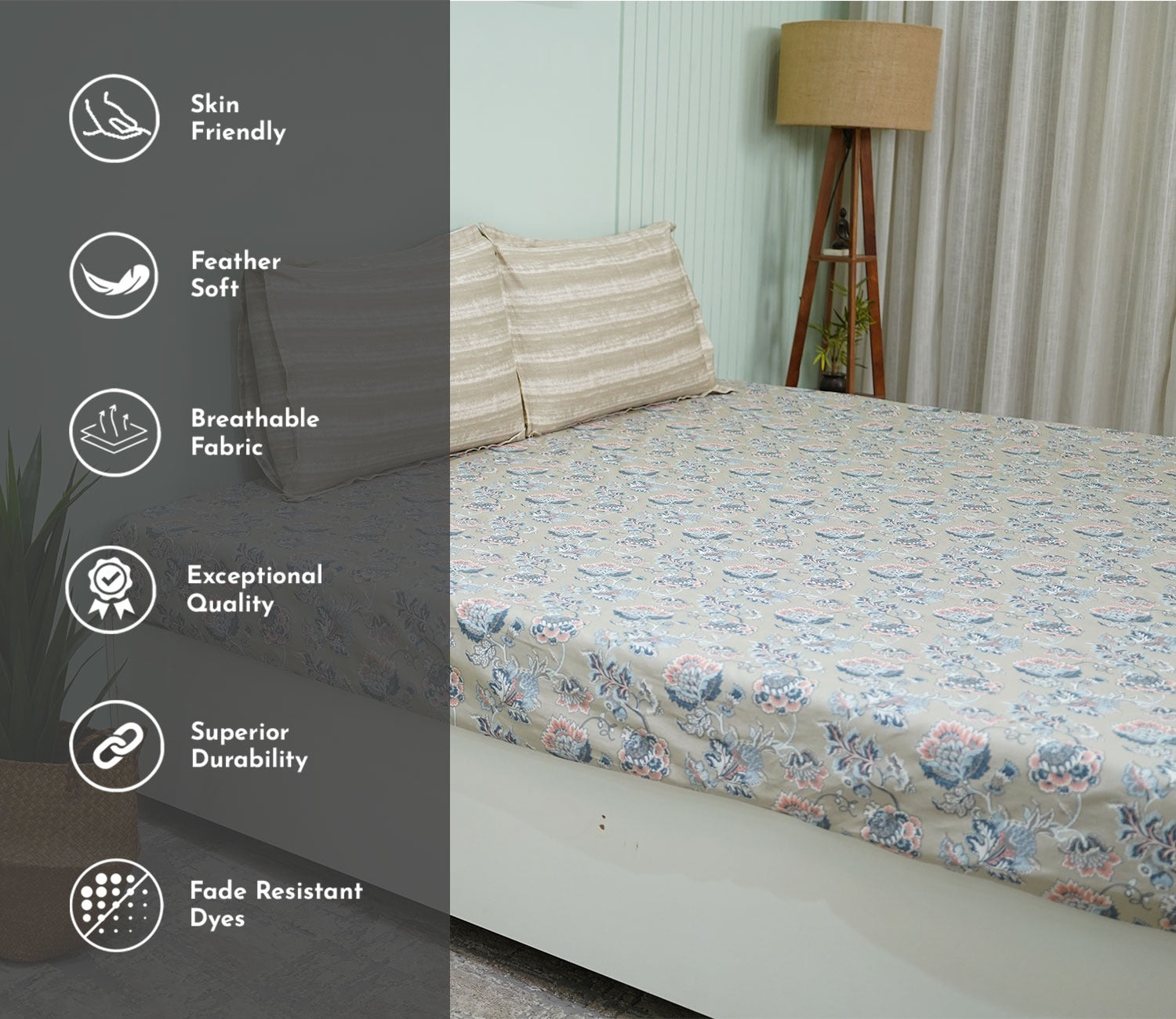 Mehrab Classic Printed King Size Bedsheet (Grey)
