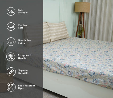 Mehrab Classic Printed King Size Bedsheet (Grey)