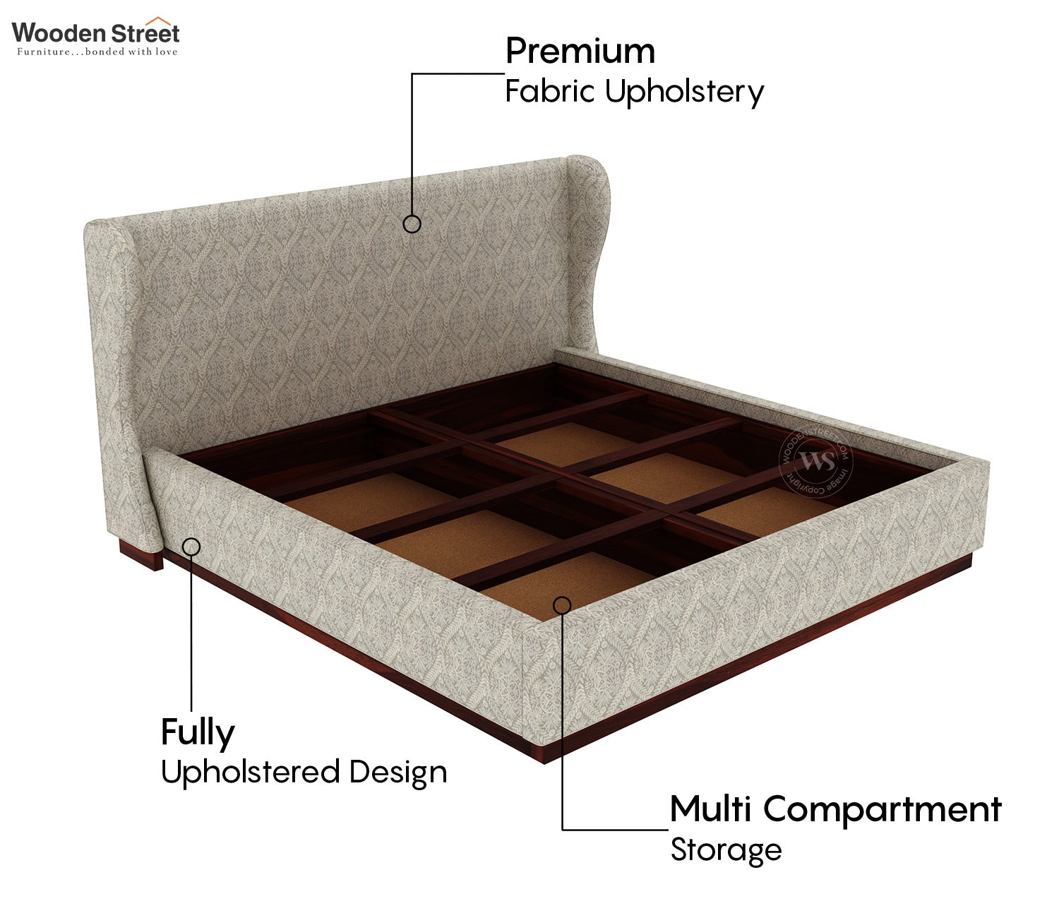Adhiraj Luxurious Fabric Box Storage Bed with Plush Wingback Headboard (King Size, Pavilion Trellis Stone)