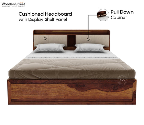 Wildon Premium Sheesham Wood Bed with Cushioned Headboard and Hydraulic Storage (King Size, Teak Finish)