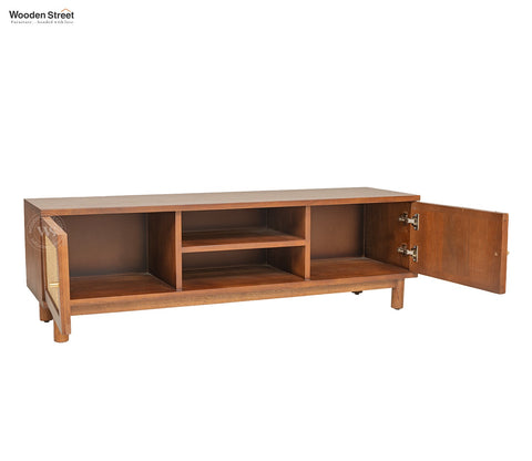 Caneva Premium Solid Wood TV Unit With Door Cabinets (Mango Wood, Teak Finish)