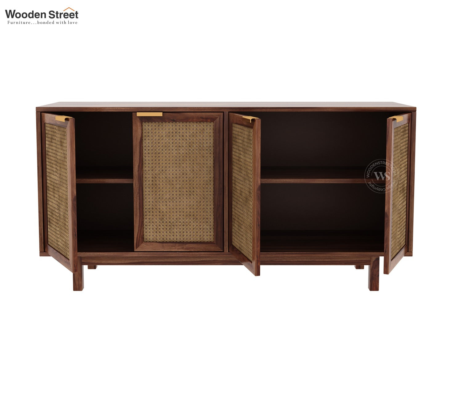 Rivena Solid Wood Cane Cabinet with Storage (Honey Finish)