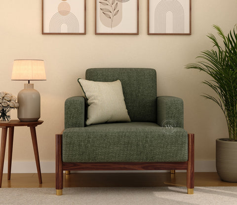 Kairav Modern 1 Seater Wooden Sofa with Premium Upholstery (Sage Green)