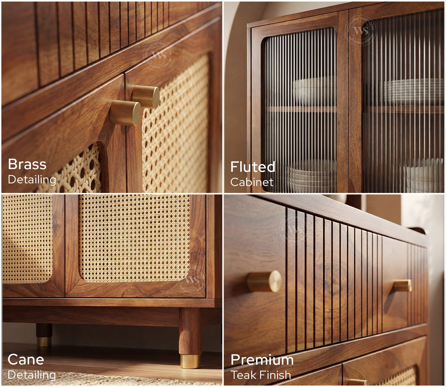 Sanchay Classic Kitchen Cabinet with Fluted Glass, Cane Weave & Brass Knobs (Teak Finish)