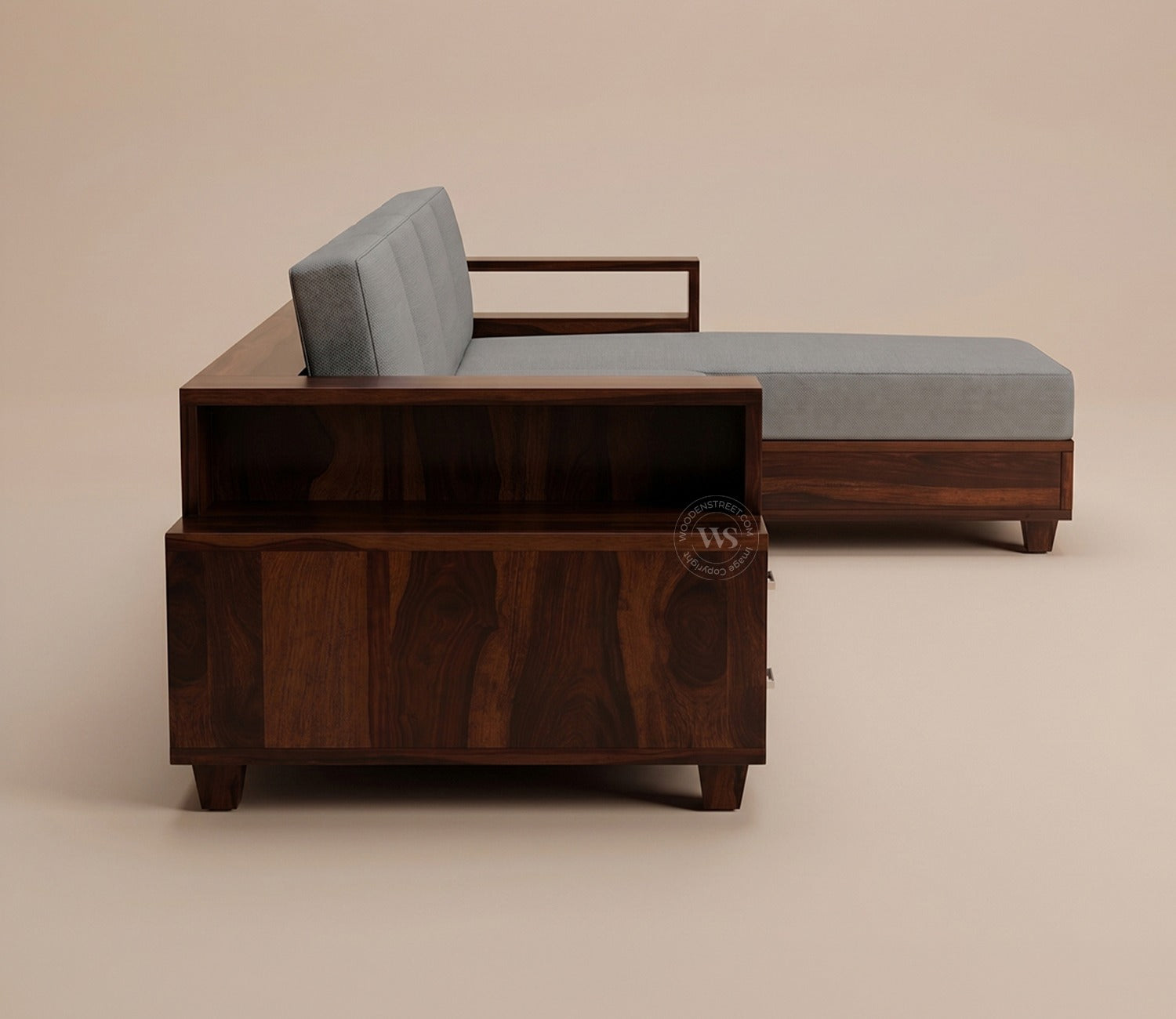Solace L-Shape Right Aligned 4 Seater Sheesham Wood Sofa (Walnut Finish, Warm Grey)