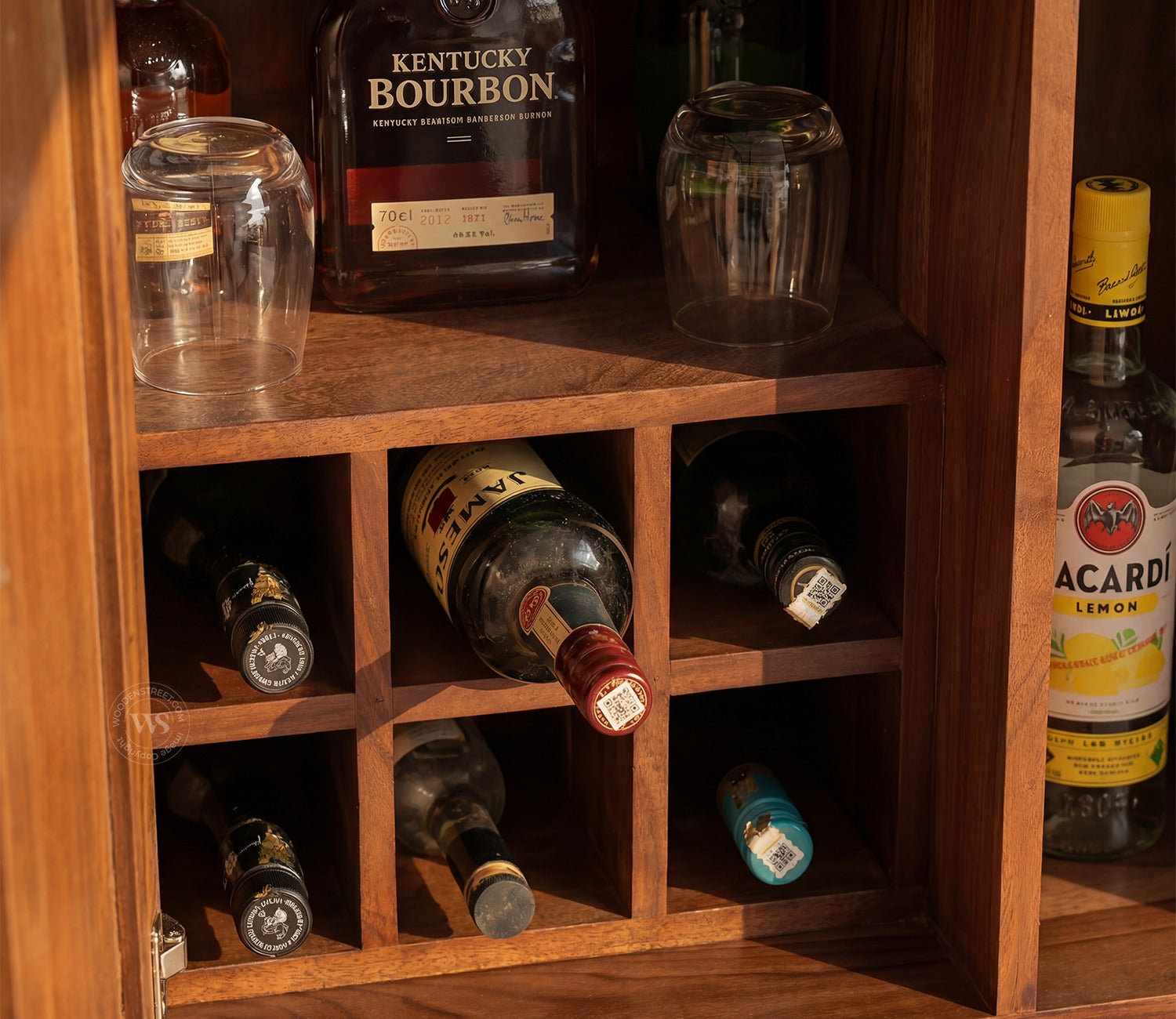 Amodh Sheesham Wood Bar Cabinet with Arched Cane Doors & Brass Handles (Teak Finish)