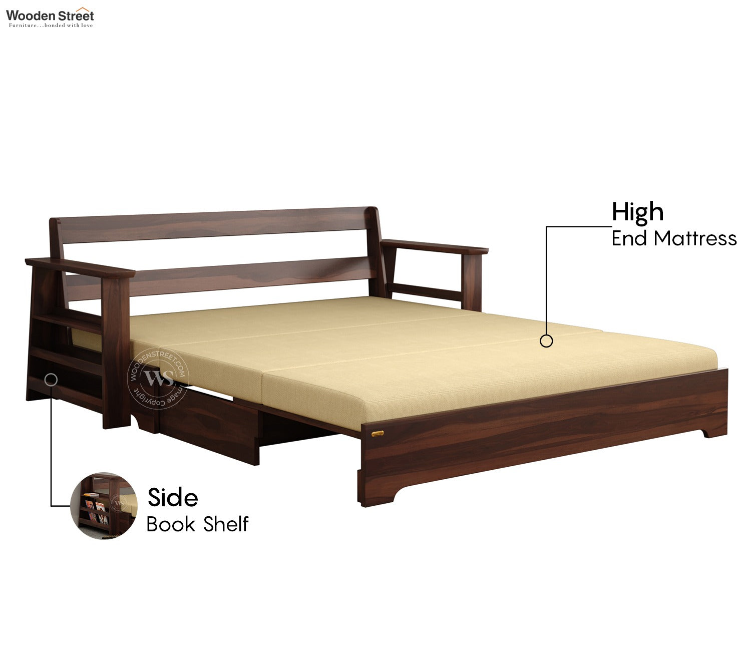 Della Sheesham Wood Sofa Cum Bed With Armrests (Walnut Irish Cream)