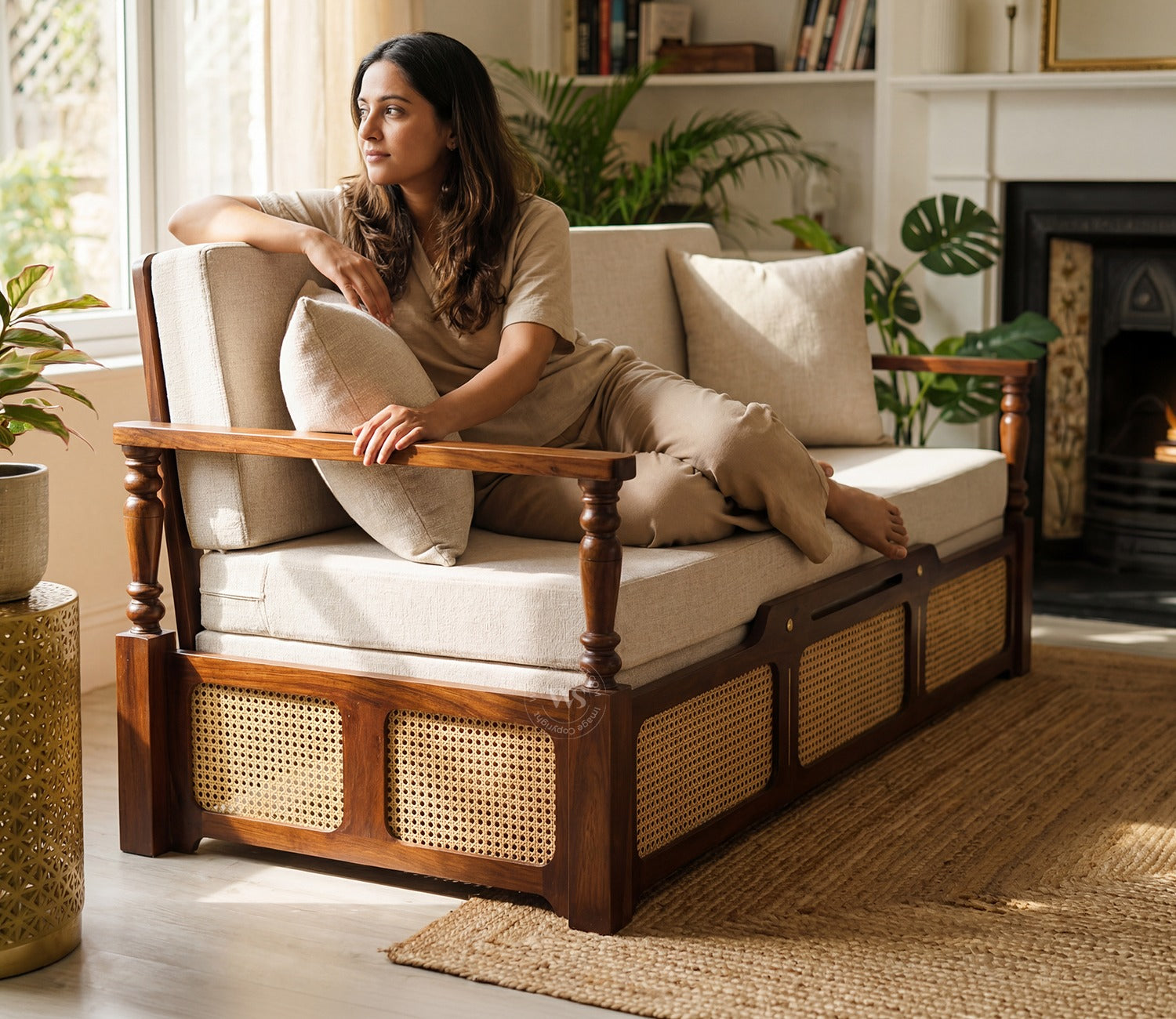Ayaana Sheesham Wood 3 Seater Sofa Cum Bed with Cane Weaving | Opens to Double Bed (78x62) | Premium Upholstery | Sleeps 2 Adults (Teak Finish, Jade Ivory)