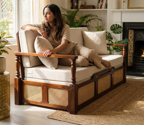 Ayaana Sheesham Wood 3 Seater Sofa Cum Bed with Cane Weaving | Opens to Double Bed (78x62) | Premium Upholstery | Sleeps 2 Adults (Teak Finish, Jade Ivory)