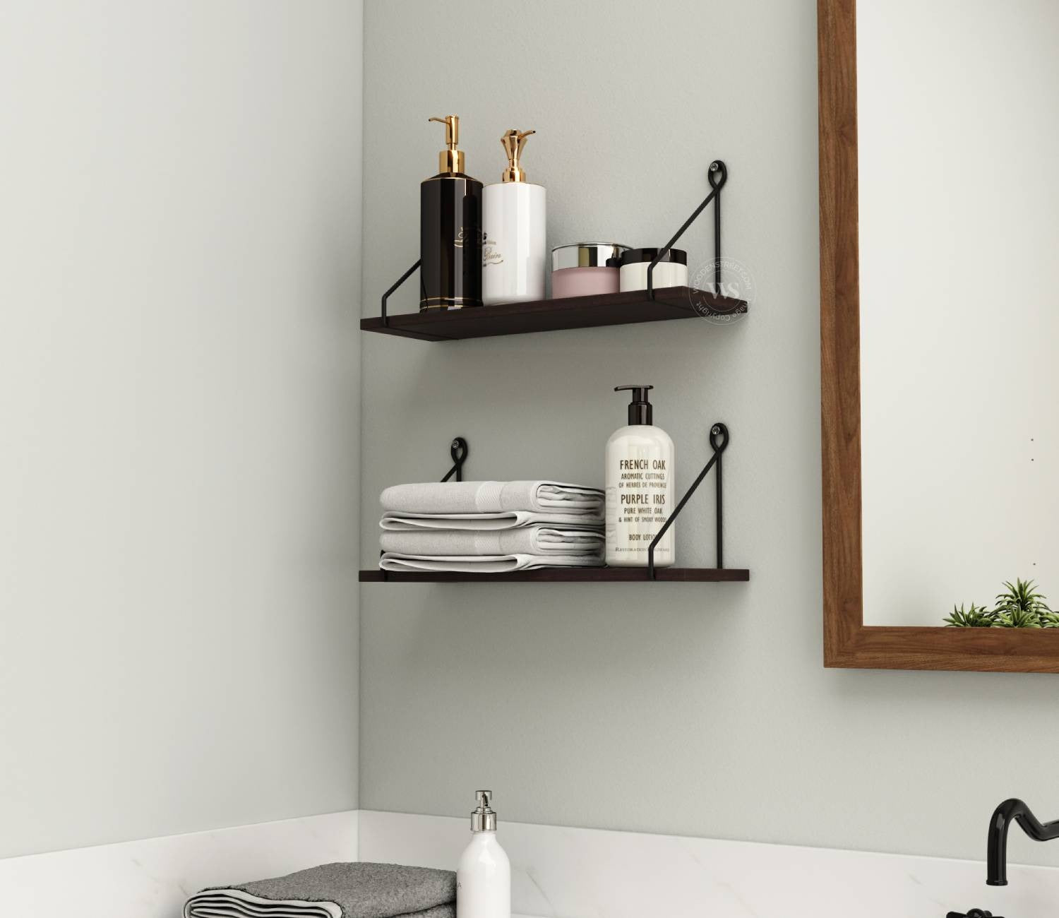 Luna Hanging Wall Shelf, Metallic Black & White Combination Wall Mounted Shelves for Living Room/Bedroom - Set of 2 (Flowery Wenge)