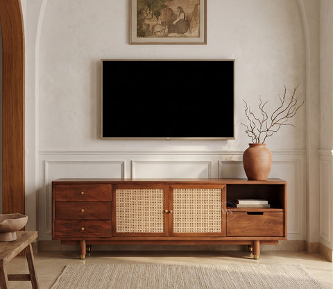 Eka Premium Mango Wood TV Unit with Natural Cane Detailing - Bohemian Contemporary Design (Teak Finish)