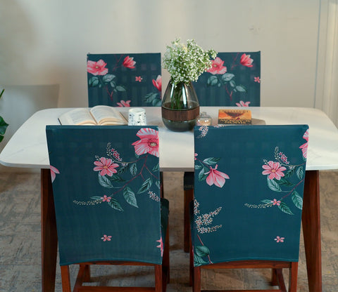 Flaubert Anti Slip Floral Printed Polyester Dining Chair Cover Set Of 4 (Blue)