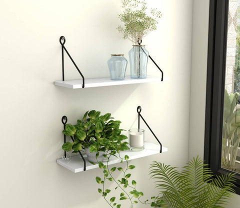 Luna Hanging Wall Shelf, Metallic Black & White Combination Wall Mounted Shelves for Living Room/Bedroom - Set of 2 (Frosty White)