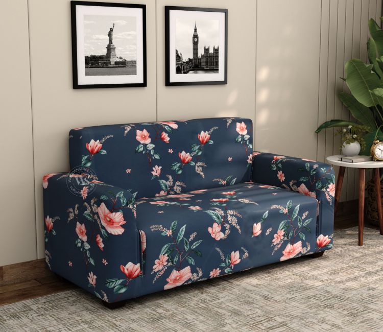 Flaubert Floral Printed Polyester Spandex 2 Seater Sofa Cover (Blue)