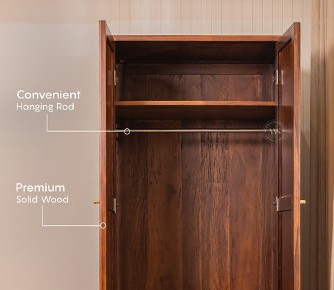 Riwayat Sheesham Wood Wardrobe with Cane & Brass Accent (Teak Finish)