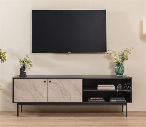 Orbis Modern Black TV Cabinet & Sideboard with Textured Front & Metal Base (Engineered Wood, Marble Pattern)