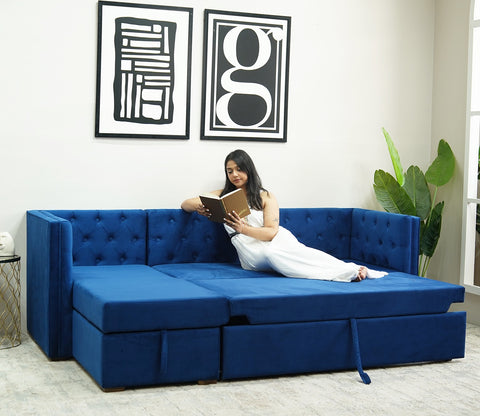 Berlin Left Aligned Convertible Sofa Cum Bed with Storage (Velvet, Indigo Blue)