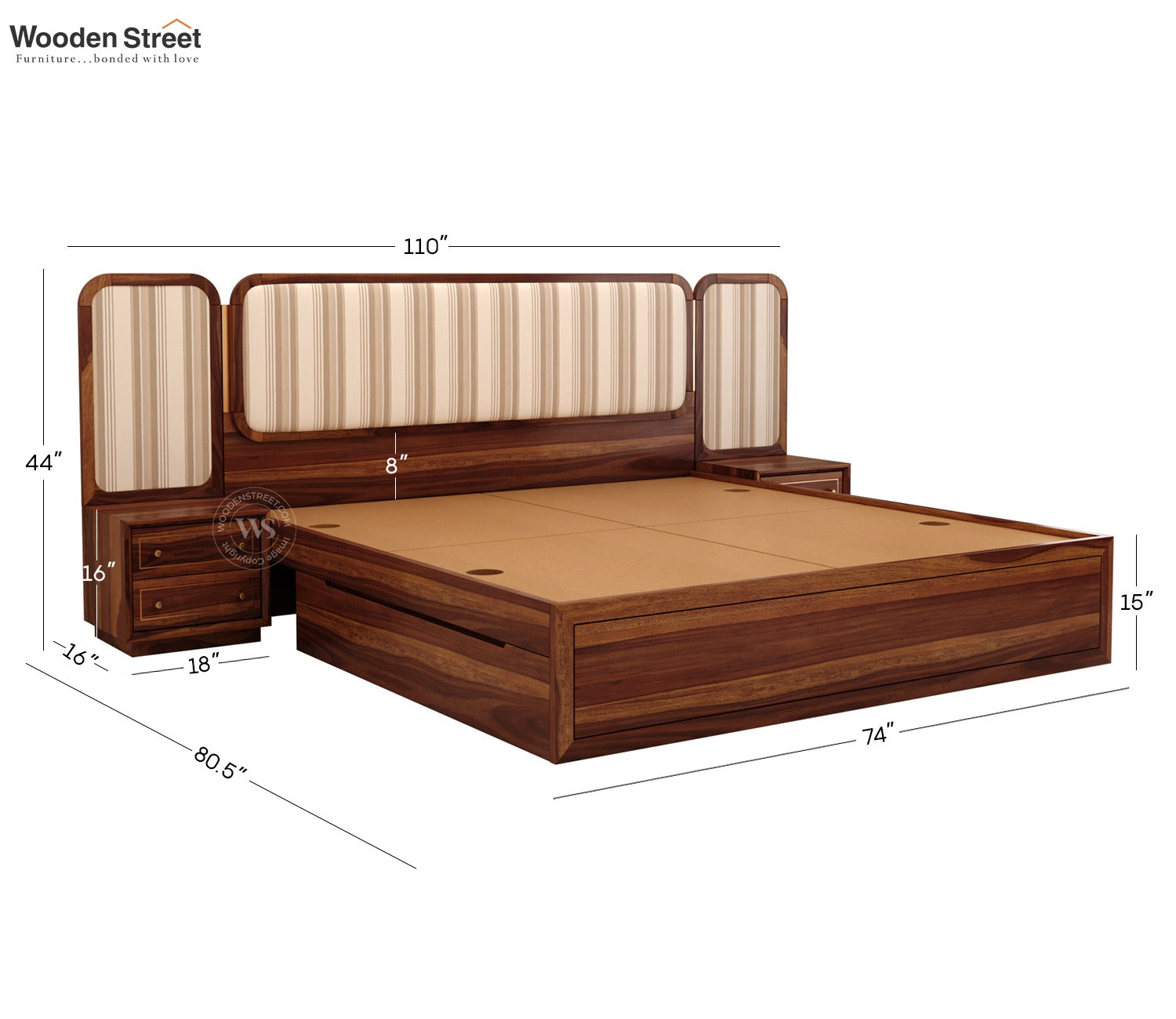 Iransh Premium Sheesham Wood Bed with Striped Headboard Drawer Storage and 2 Bedside Tables (King Size, Cream Stripe)