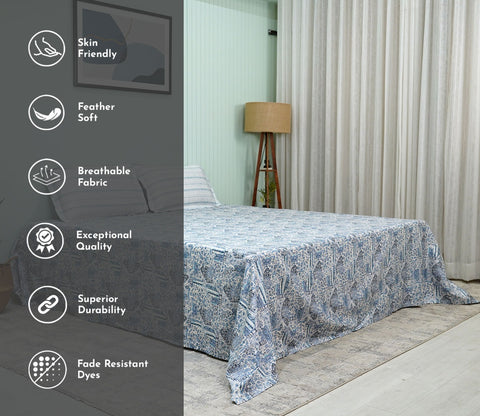 Allure Classic Printed King Size Bedsheet (Blue)