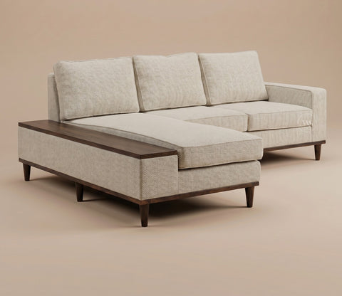 Ashion Premium Left Aligned L Shape Sofa with Built-in Side Wooden Deck (Cottage Ivory)