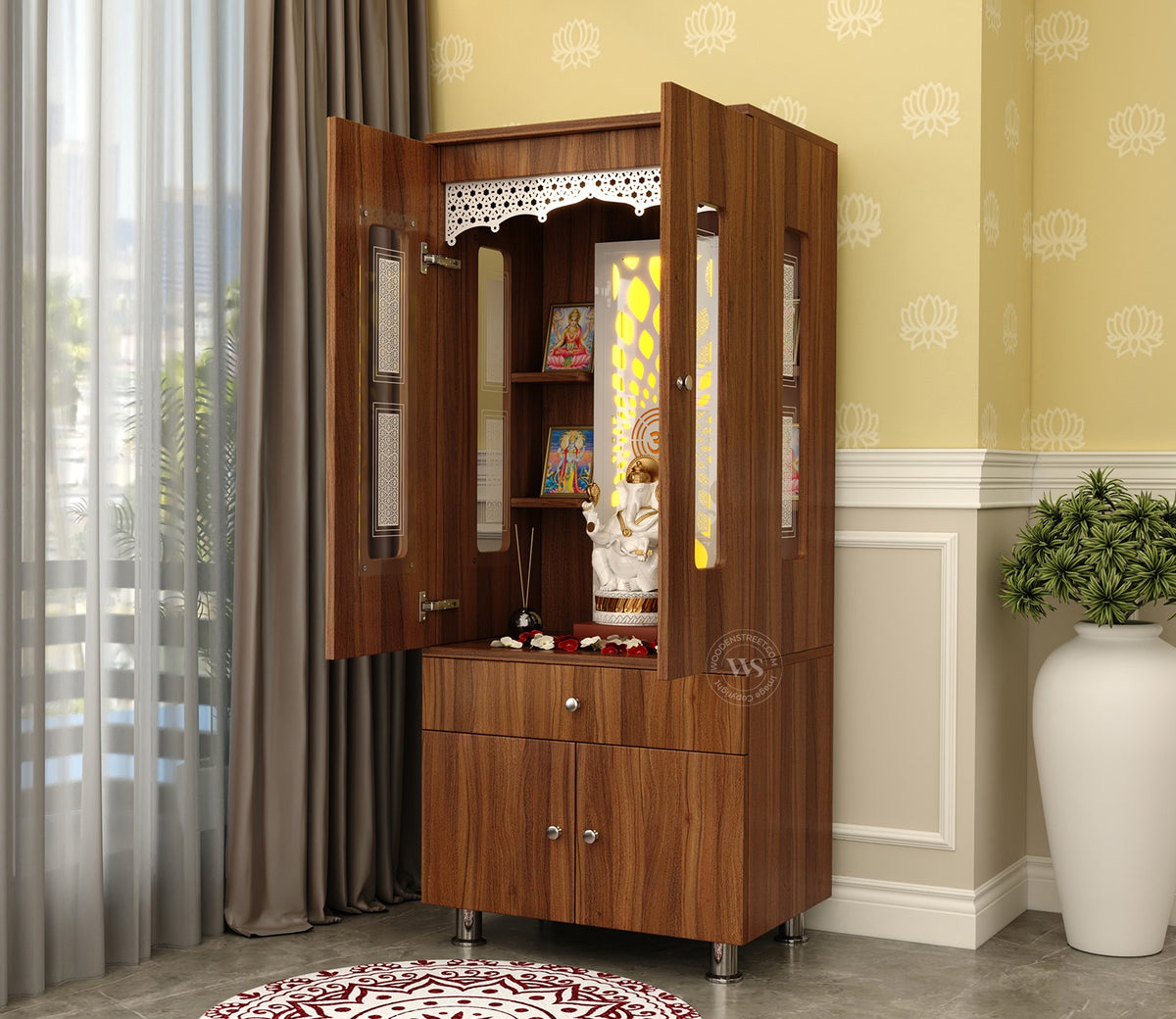Atharv Engineered Wood Home Temple With Inbuilt LED Light System (Exotic Teak)