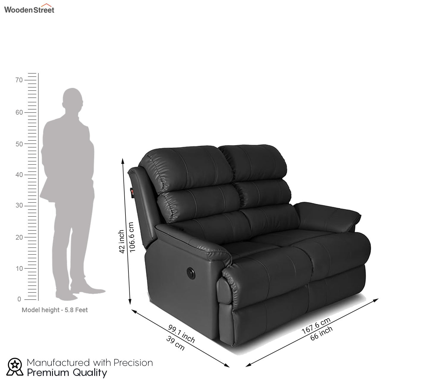 Valencia Leatherette Two Seater Manual Recliner (Black Upholstery)