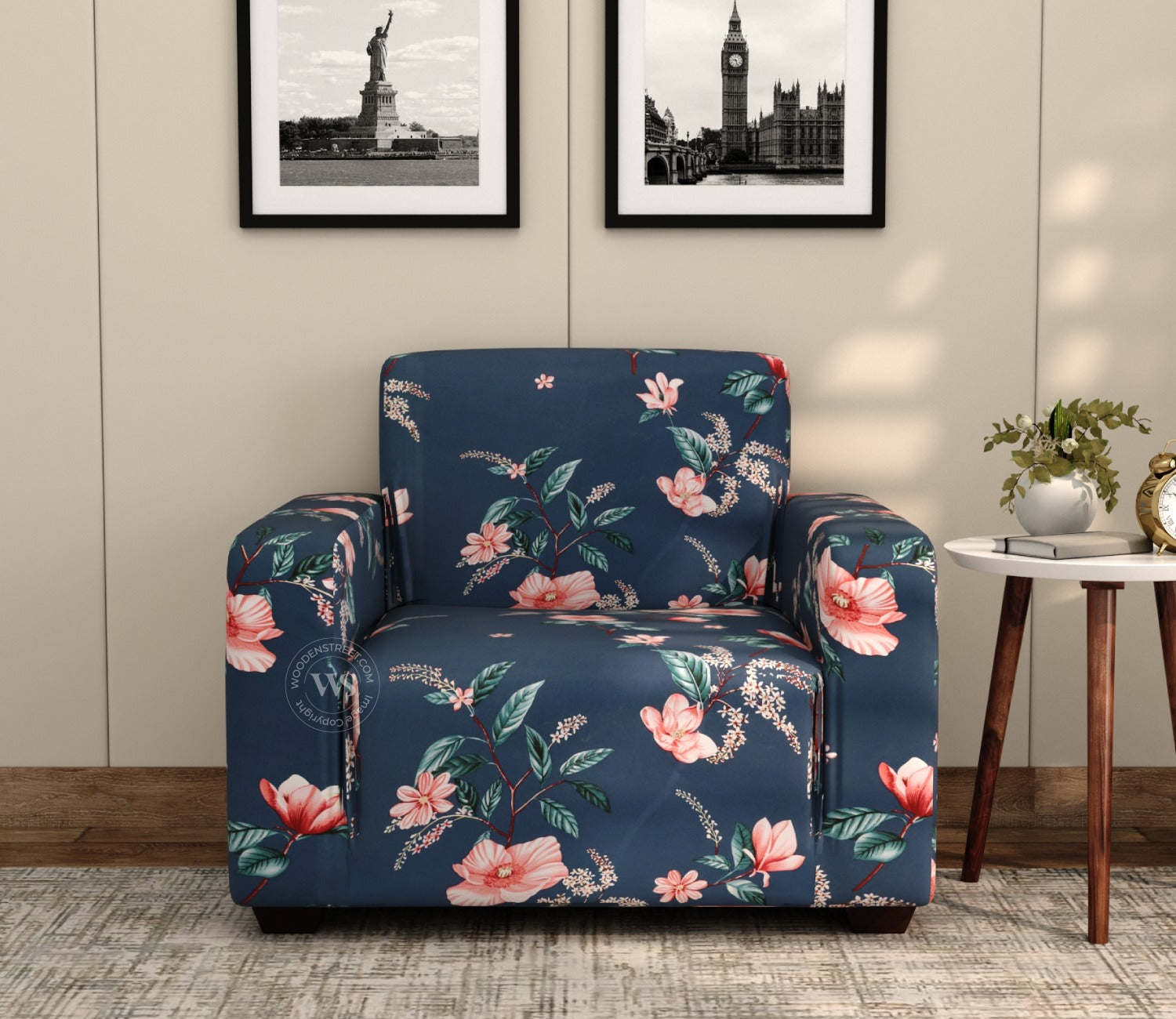 Flaubert Floral Printed Polyester Spandex 1 Seater Sofa Cover (Blue)