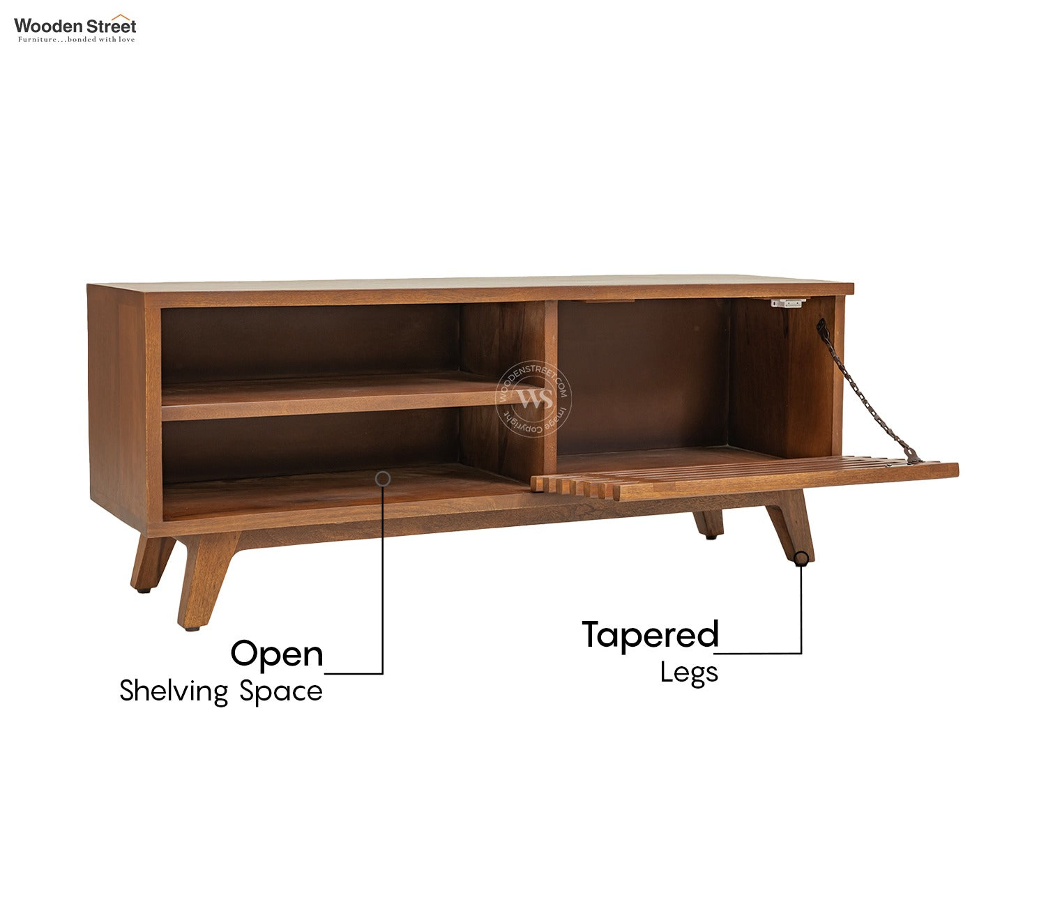 Axcel Mango Wood TV Unit with Pull-Down Drawer & Open Shelves (Teak Finish)