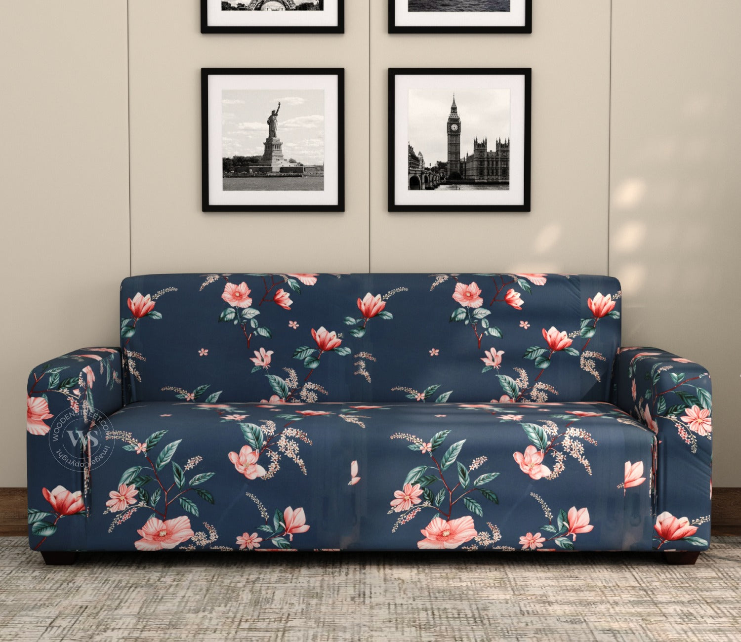 Flaubert Floral Printed Polyester Spandex 3 Seater Sofa Cover (Blue)