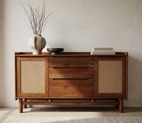 Ishana Mango Wood Designer Cabinet with Cane Detailing (Teak Finish)