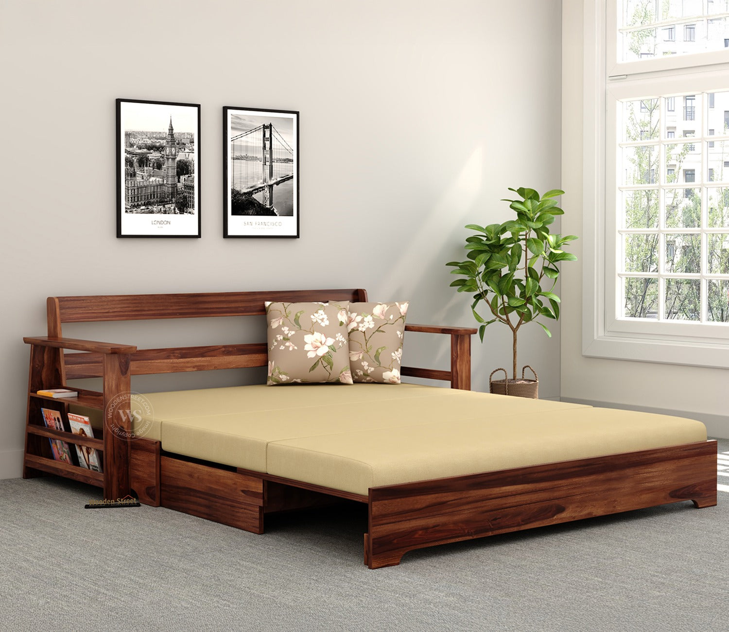 Della Sheesham Wood Sofa Cum Bed With Armrests (Honey Irish Cream)