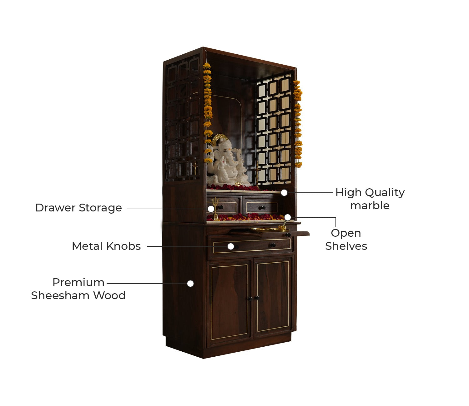 Daivik Sheesham Wood Home Temple with Brass Detailing (Teak Finish)