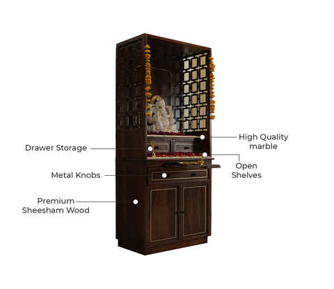 Daivik Sheesham Wood Home Temple with Brass Detailing (Teak Finish)