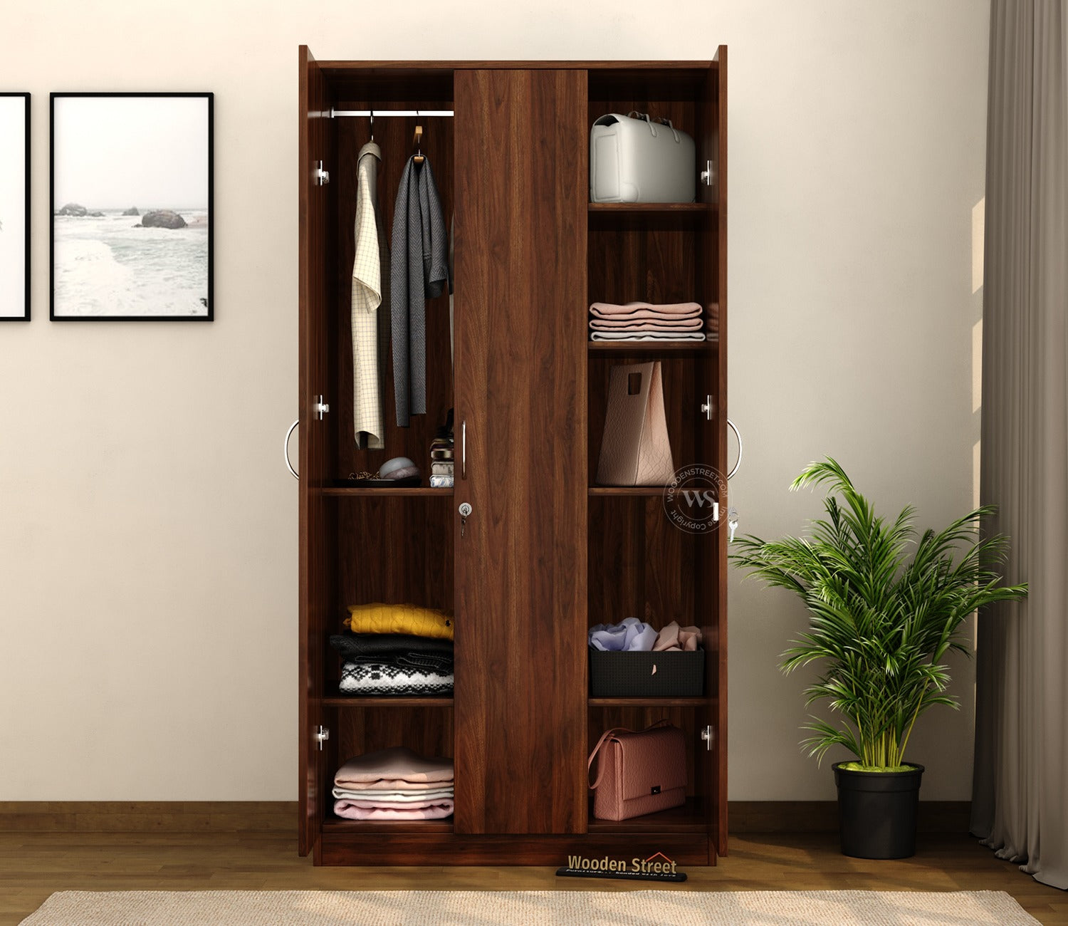 Kayden 3 Door Multi Utility Wardrobe With Hanging Rod (Columbian Walnut Finish)