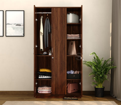 Kayden 3 Door Multi Utility Wardrobe With Hanging Rod (Columbian Walnut Finish)
