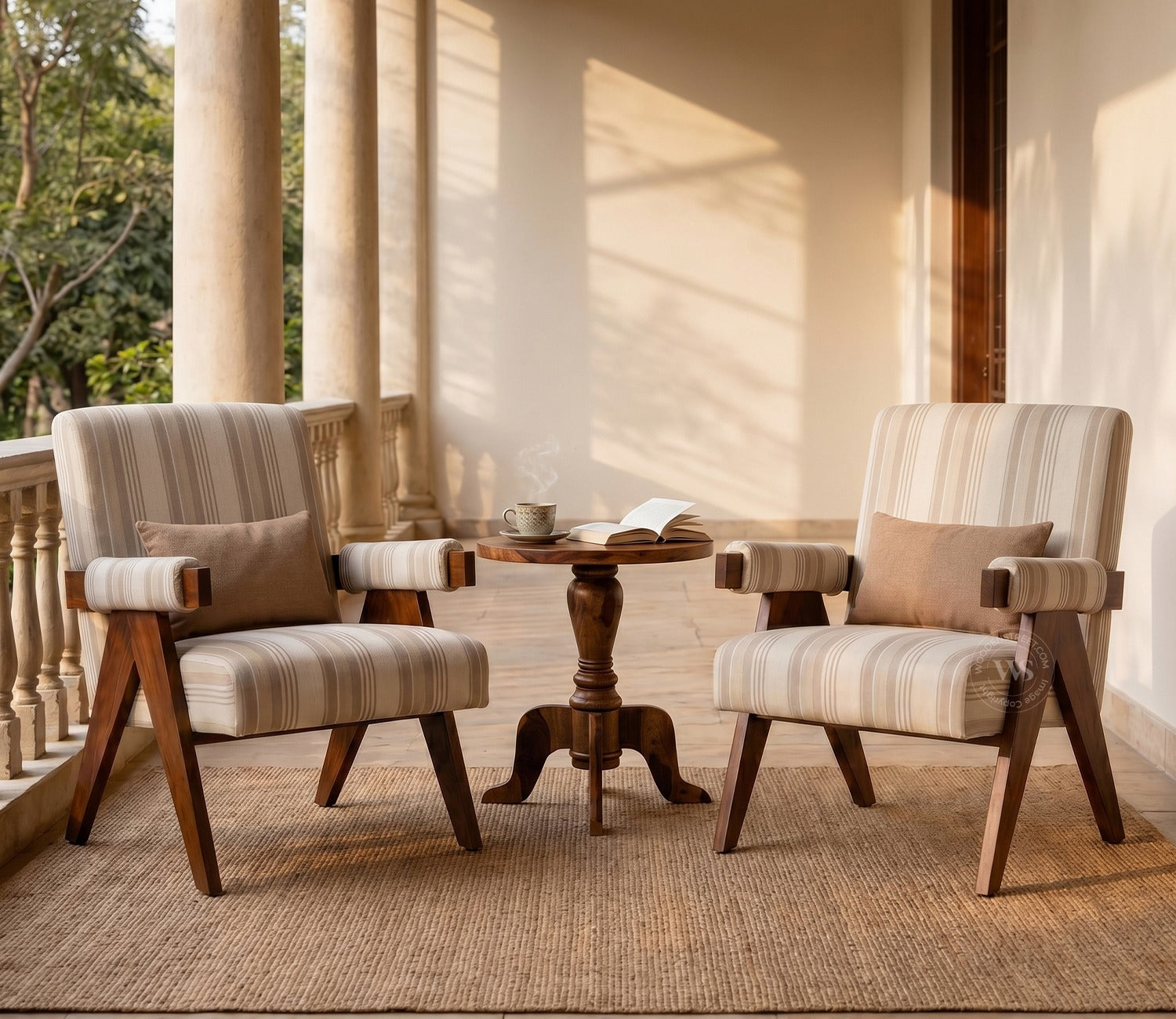 Troupe Sheesham Wood Chandigarh Chair with Premium Upholstery (Cream Stripes, Teak Finish)