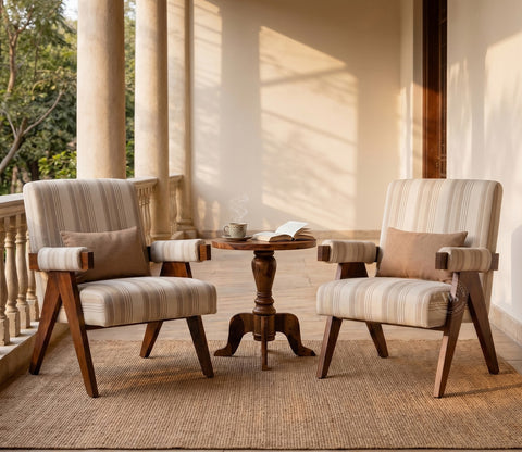 Troupe Sheesham Wood Chandigarh Chair with Premium Upholstery (Cream Stripes, Teak Finish)