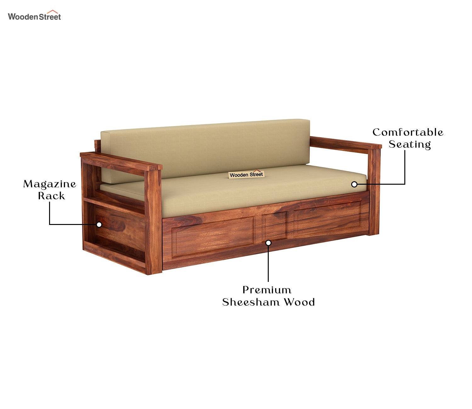 Riota Sheesham Wood Sofa Bed With Storage (King Size, Honey Irish Cream)
