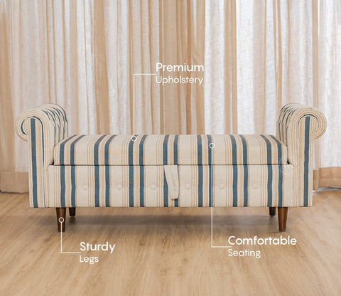Velo Cushioned Hand Carved Sofa Bench With Hidden Storage (Blue Strip)