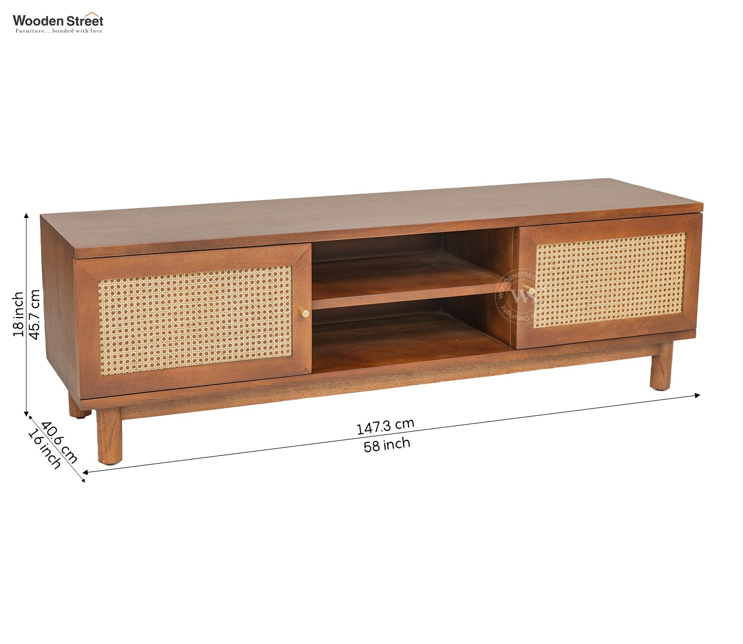 Caneva Premium Solid Wood TV Unit With Door Cabinets (Mango Wood, Teak Finish)