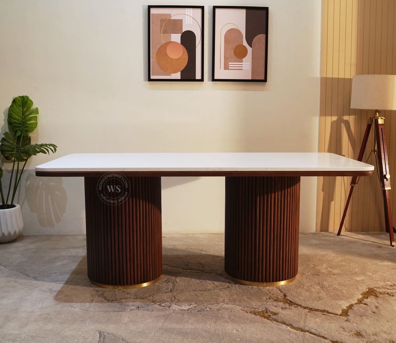 Saumik 6 Seater Sheesham Wood Dining Table with Marble Top (Teak Finish)