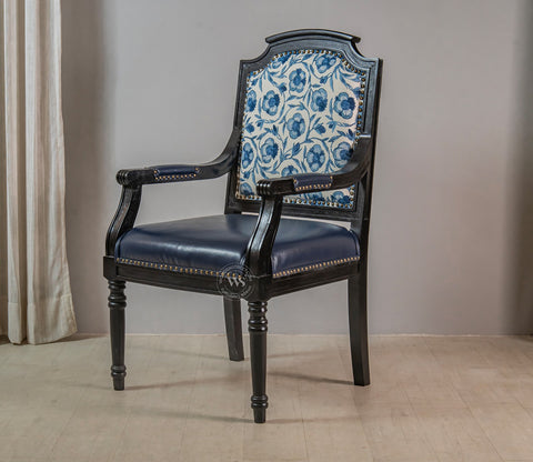 Heritage Dual Upholstery Sheesham Wood Arm Chair with Brass Detailing (Blue)