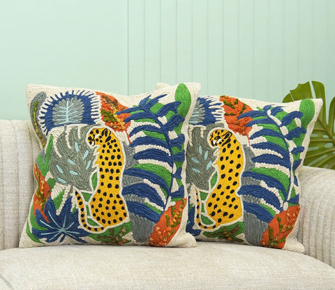 Leopard Printed Multicolor Cotton Hand Woven Set of 1 Cushion Cover (20 x 20 Inch)