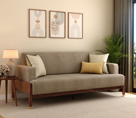 Kairav Modern 3+1+1 Wooden Sofa Set with Premium Upholstery (Pebble Beige)