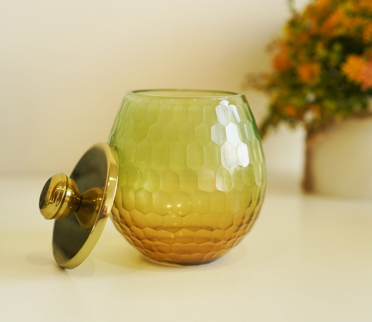Sorrel Shady Green and Gold Glass Cotton Jar