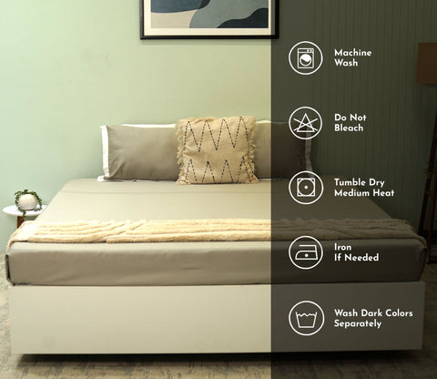 Leaf Line Embroidery Flat Cotton Bed Sheet King Size with 2 Pillow Covers