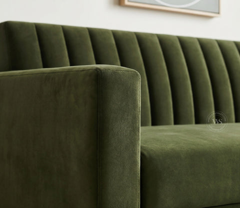 Everett L-Shape Corner Fabric Sofa (Velvet, Dark Olive Green)